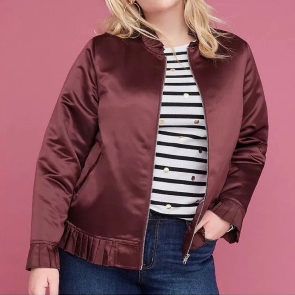 NWT Lane Bryant satin bomber jacket with ruffled hem in burgundy